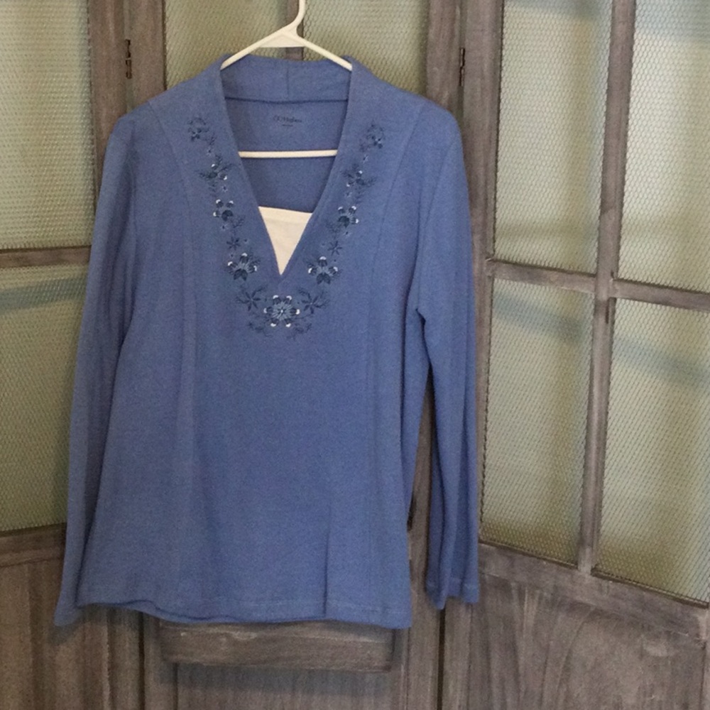 C C Hughes Blue sweater v neck with mock dickie